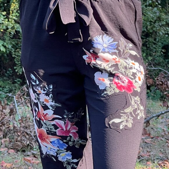 Upcycled Black Pants, Boho Floral Patchwork Pants with Raw Edge Details - Picture 7 of 9